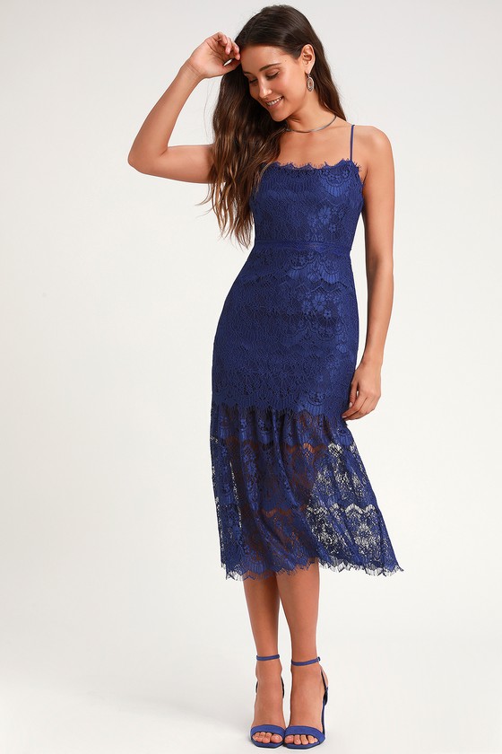 Lovely Royal Blue Lace Dress - Midi ...